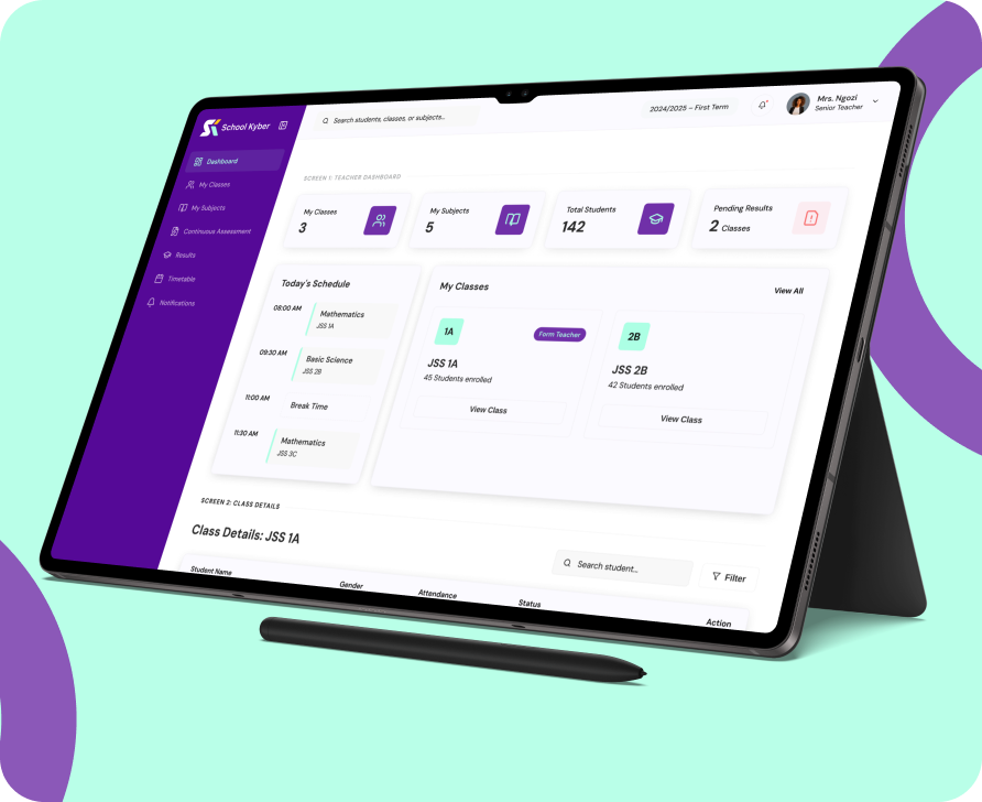 SchoolKyber results workspace on tablet